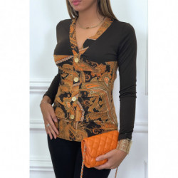 Haut marron à motif orange avec boutons dorée et fronce