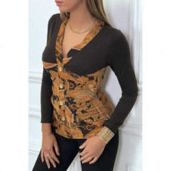 Haut marron à motif orange avec boutons dorée et fronce