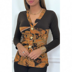 Haut marron à motif orange avec boutons dorée et fronce