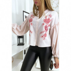 Chemise rose avec manches bouffante et broderie devant