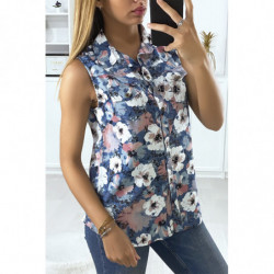 Chemise marine sans manches fleuris. Mode femme pas cher