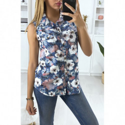 Chemise marine sans manches fleuris. Mode femme pas cher