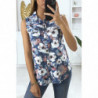 Chemise marine sans manches fleuris. Mode femme pas cher