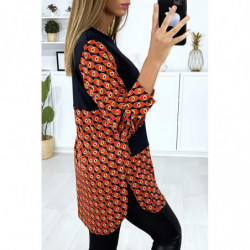 Robe tunique noir et rouge col chemise avec joli motif