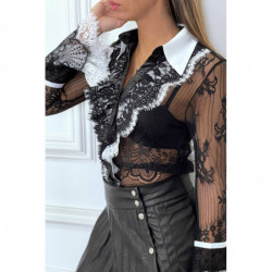 Chemise en dentelle noire avec col et volant blanc