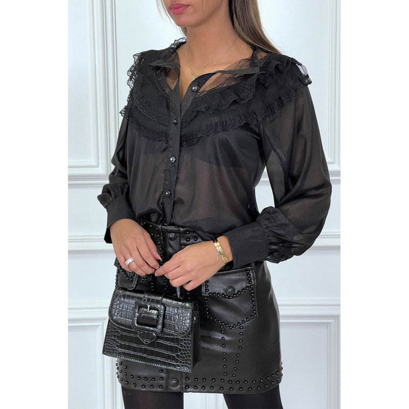 Chemise noire avec dentelle plissé et volant très chic