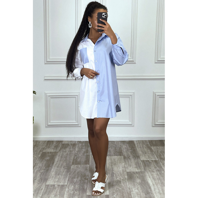 Chemise manches longue bleu et blanc en strech