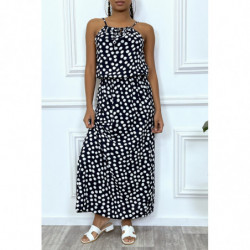 Robe longue noir à petit pois blanc col montant et elastique à la taille