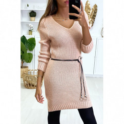 Robe Pull Rose en maille et ceinture en simili.