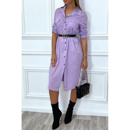 Longue robe chemise lila avec poches ceinture et fente