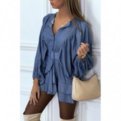 Robe chemise bleue à volants et manches chauve souris