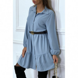 Robe chemise bleu à volant et boutons