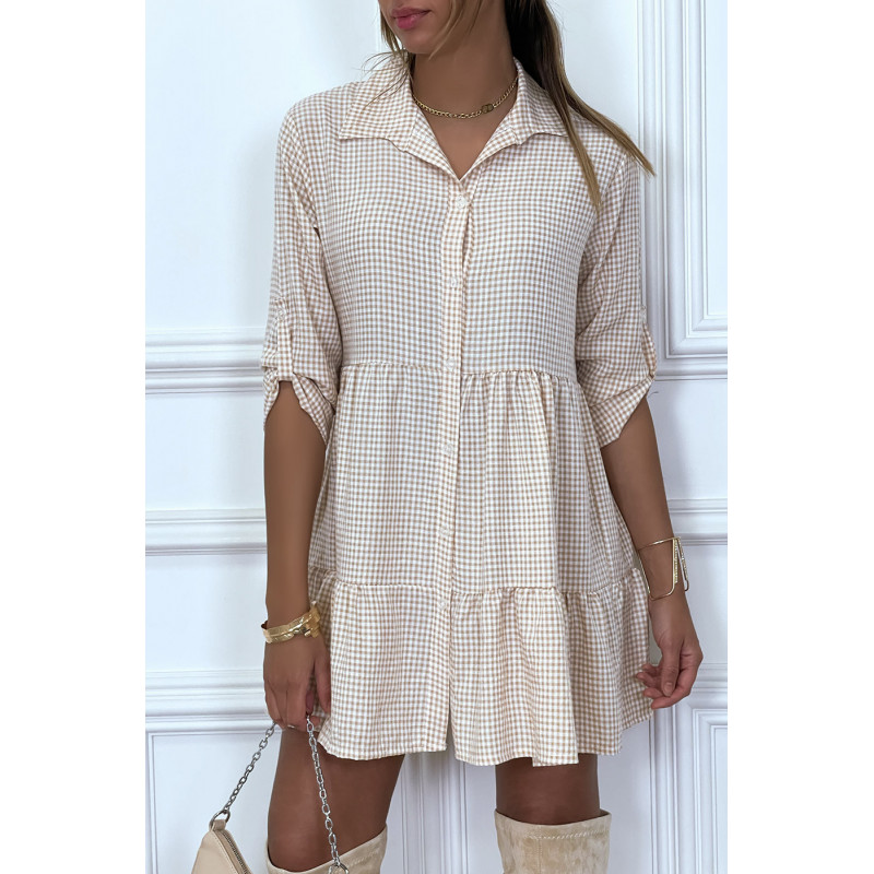 Robe chemise beige motif vichy froncée