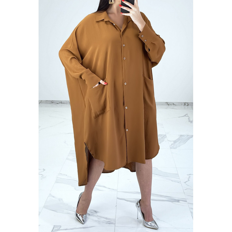 Robe chemise ample camel avec manches chauve-souris