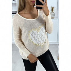 Pull rose avec motif coeur en dentelle et broderie