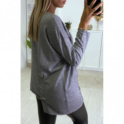 Pull gris pour femme très doux avec oeillets et attaches sur les cotés.