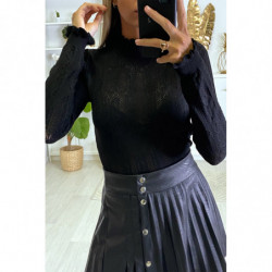 Pull noir motif jacquard avec froufrou au col et aux manches