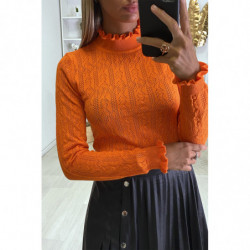 Pull orange motif jacquard avec froufrou au col et aux manches