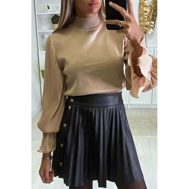 Magnifique pull taupe manches bouffante en voile plissé