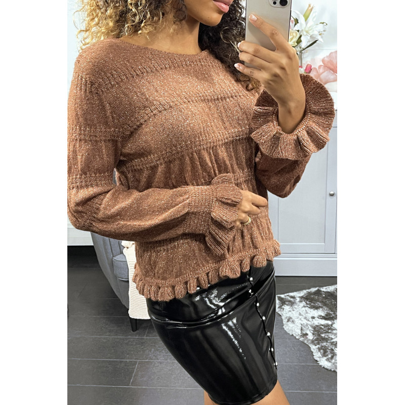 Pull taupe à fine maille torsadée et fil brillant