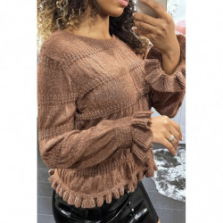 Pull taupe à fine maille torsadée et fil brillant