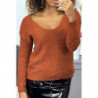 Pull cognac effet peluche à col V