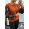 Pull cognac très doux à manche doublé de dentelle et sequin