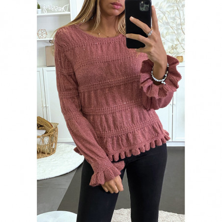 Pull rose foncé à fine maille torsadée et fil brillant