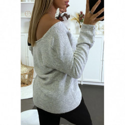 Pull gris tombant et col V...