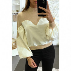 Pull beige bi-matière avec manches bouffante