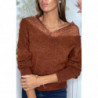 Pull doux cognac avec col bardot en dentelle