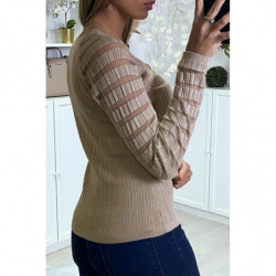 Pull taupe côtelé bi matière en haut et manches