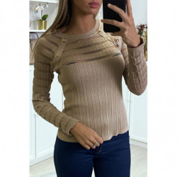 Pull taupe côtelé bi matière en haut et manches