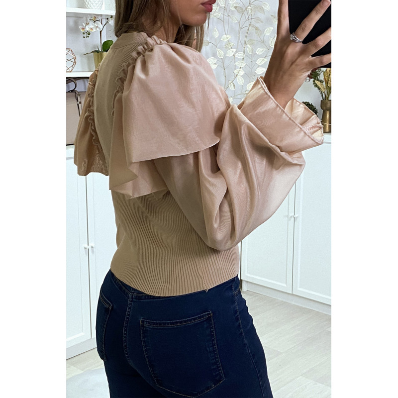 Pull taupe côtelé à manches en tulle bouffantes