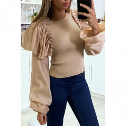 Pull taupe côtelé à manches en tulle bouffantes