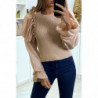 Pull taupe côtelé à manches en tulle bouffantes