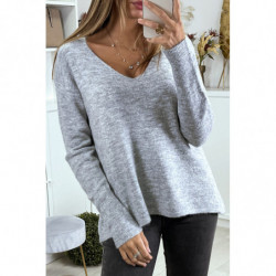 Pull tombant et très doux en gris col V avec tresse au dos