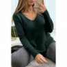 Pull tombant et très doux en vert col V avec tresse au dos