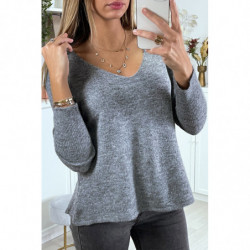 Pull tombant et très doux en anthracite col V avec tresse au dos