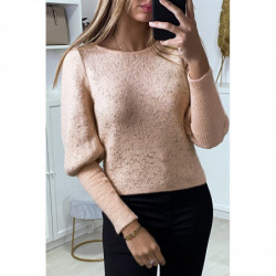 Pull rose duveteux à fil brillant et manches cintrées