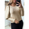 Pull beige duveteux à fil brillant et manches cintrées