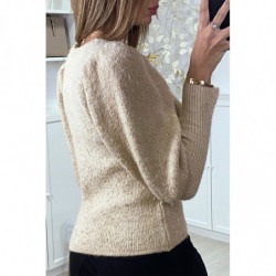 Pull beige duveteux à fil brillant et manches cintrées