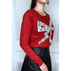 Pull rouge à empiècement et strass