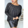 Pull noir côtelé à strass manche chauve souris