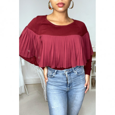 Pull bordeaux bi matière à volant plissé