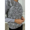 Pull gris à frange en sequin sur le devant. Pull femme