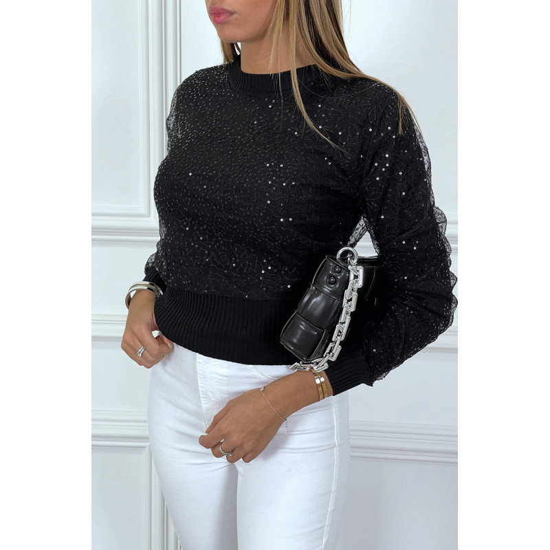 Petit pull noir côtelé doublé de tulle en sequin