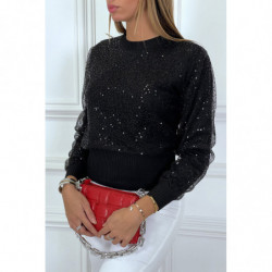 Petit pull noir côtelé doublé de tulle en sequin