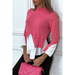 Pull fuchsia en maille fine torsadée bi matière et col haut et asymétrique