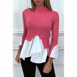 Pull fuchsia en maille fine torsadée bi matière et col haut et asymétrique